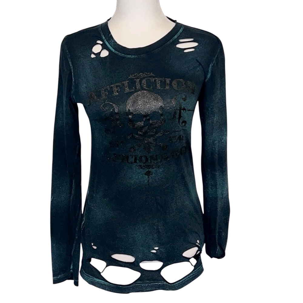 Affliction Dark Teal Distressed Long Sleeve Top